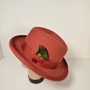 Harcfield Burnt Orange Wool Hat Fedora Bucket Ribbon Band Decorative Feather Lg